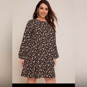 SHEIN Plus Floral Print Lantern Sleeve Tunic Dress